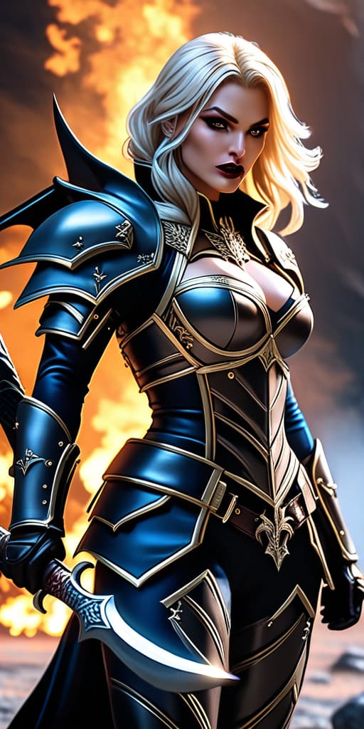  best quality, hd, female long ashen blonde hair dark blue crown with short horns large dark blue bat wings monster sword on right hand hand axe on left hand dominating pose white glowing eyes dark blue rib cage chest armor full body heavy armor dark lipstick half body image battlefield hyperrealistic, full body, detailed clothing, highly detailed, cinematic lighting, stunningly beautiful, intricate, sharp focus, f/1. 8, 85mm, (centered image composition), (professionally color graded), ((bright soft diffused light)), volumetric fog, trending on instagram, trending on tumblr, HDR 4K, 8K