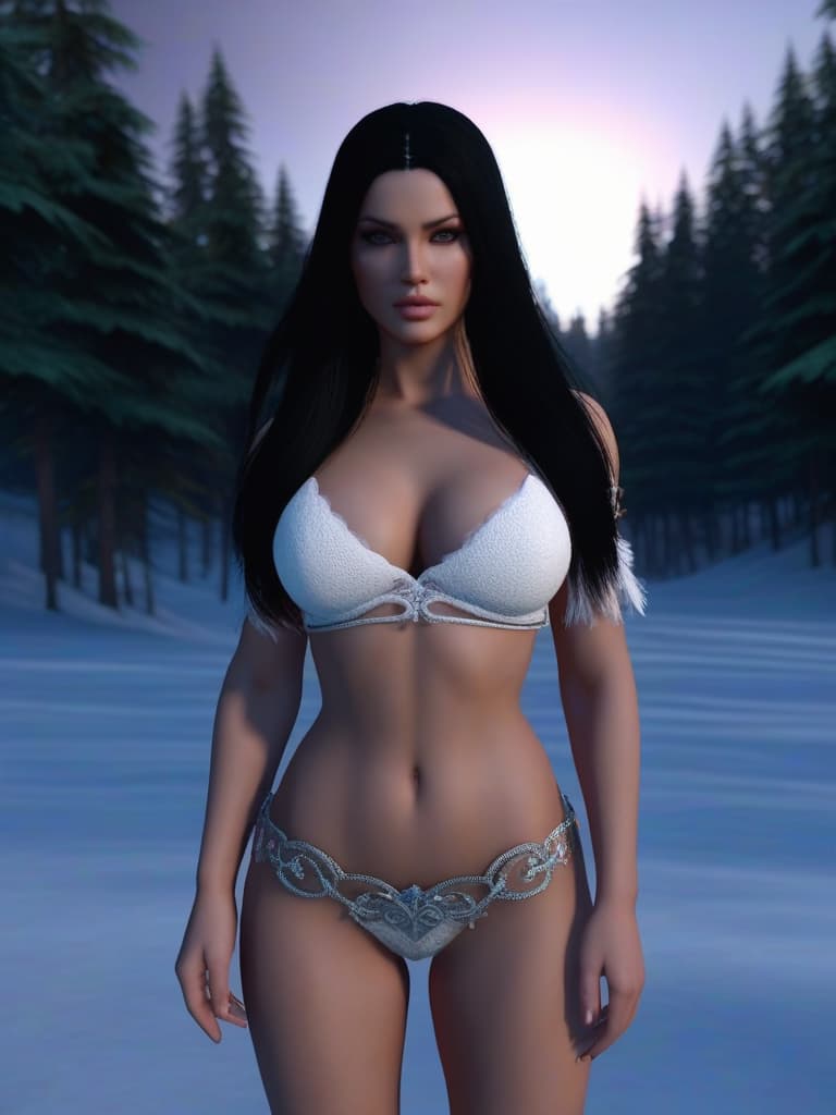  5 age girls,full body shot, pale skin supernatural evil long black hair black eyeshadow full glowing white eyes tattoos standing in knee deep snow wearing only white cotton ,beautiful faces,8k,highly detailed, photorealistic ,unreal engine,giant testicle bulge in between their legs in hair region