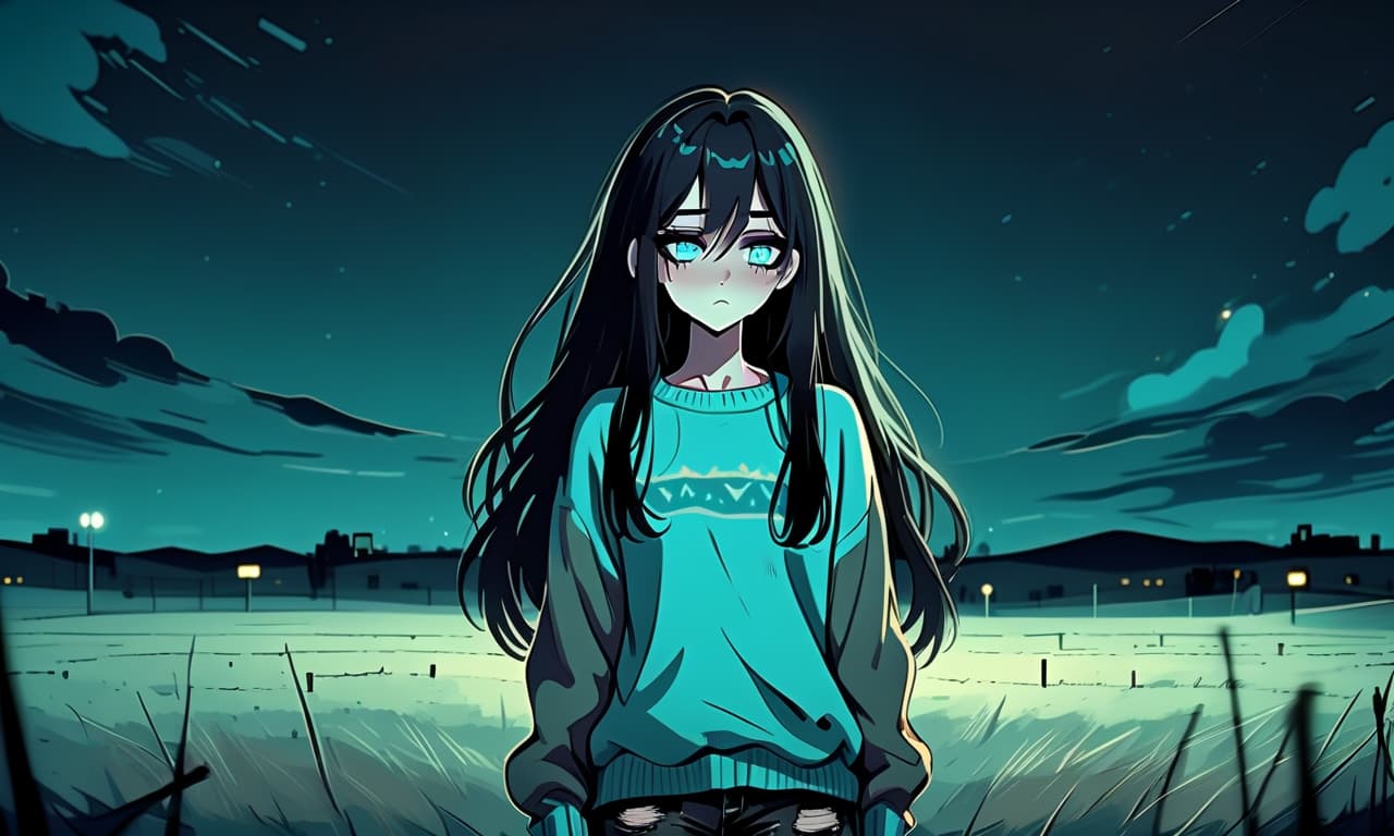  grunge style a girl in the anime style with long black hair stands in an empty and night field dressed in a sweater of warm and pastel color and pants. the girl looks into the darkness with black lower eyelids under the eyes full of fear of the unknown and curiosity, and the bright turquoise eyes themselves stand out against the background of everything. the image uses warm and bed tones . textured, distressed, vintage, edgy, punk rock vibe, dirty, noisy