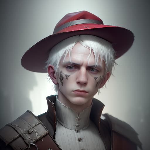  portrait of a young male white haired inquisitor in a red hat with wide margins. facial degeneration is gloomy, thoughtful, (extremely detailed oil painting:1.2), glow effects, godrays, hand drawn, render, 8k, octane render, cinema 4d, blender, dark, atmospheric 4k ultra detailed, cinematic sensual, sharp focus, humorous illustration, big depth of field, masterpiece, colors, 3d octane render, 4k, concept art, trending on artstation, hyperrealistic, vivid colors, extremely detailed cg unity 8k wallpaper, trending on artstation, trending on cgsociety, intricate, high detail, dramatic