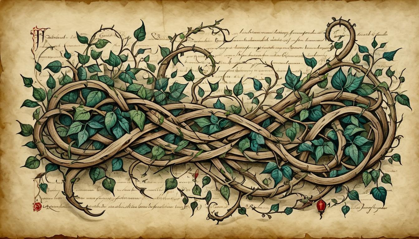  on parchment, surrealism+++, knife piercing through intertwined vines, symbolizing deep betrayal, sharp, entangled, painful(mysterious, provocative, symbolic,muted color)+++