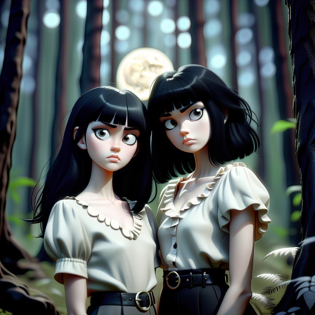  cinematic photo two girls with black hair close up in the forest by the moon . 35mm photograph, film, bokeh, professional, 4k, highly detailed