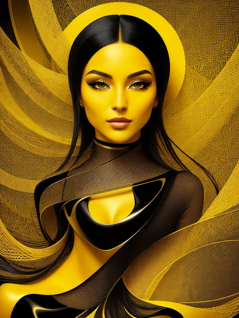  Golden yellow and sleek black color palette, captivating and inviting expression, exuding elegance and charm, magnetic beauty, intricate details, high contrast, luxurious feel, digital art, female, glossy finish, striking composition, dynamic lighting to enhance features.