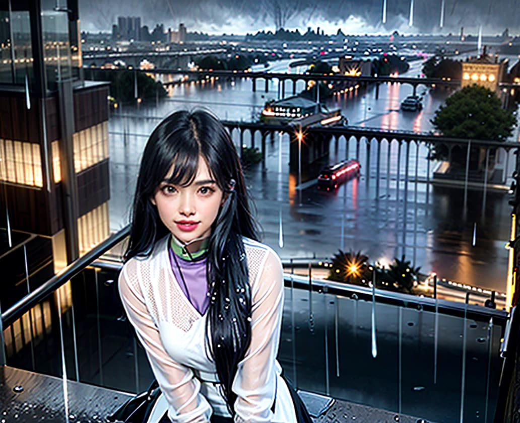  looking away,cute very dutch angle,open mouth,grin,fully undressed,ity,, break long purple hair,blunt bangs, break your arms, your legs, (jump off from the roof of a tower block:1.3), break from behind break (on the bridge:1.5),(heavy rain,raining,pouring rain:1.5),( puddles, water ripples:1.2),(outdoor,in street:1.3),(cloudy),(in front of the shop:1.4), the top of the hill,(overlooking the cityscape:1.5),(scenery:1.5),(looking down on the city from the roof of a tower block:1.3), orange sky, sunlight,sunrise,blue lights hyperrealistic, full body, detailed clothing, highly detailed, cinematic lighting, stunningly beautiful, intricate, sharp focus, f/1. 8, 85mm, (centered image composition), (professionally color graded), ((bright soft diffused light)), volumetric fog, trending on instagram, trending on tumblr, HDR 4K, 8K