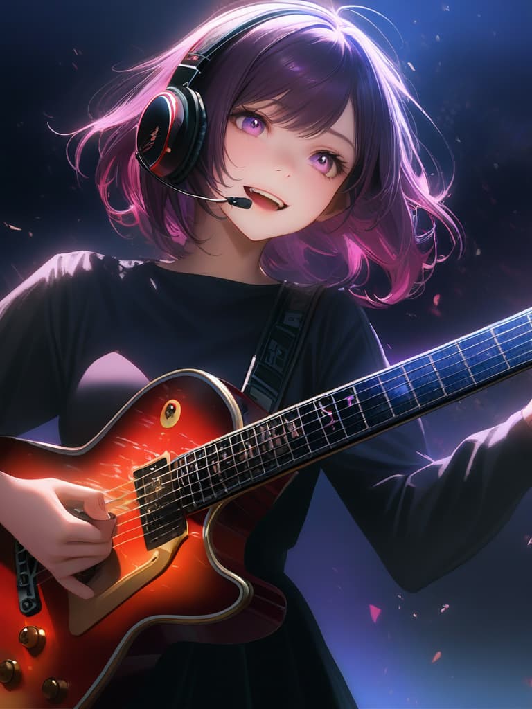  1girl,18yo,(((high school girl))),(((playing with an electric guitar:1.35))),green hair,short hair,purple eyes,headphone,very loud laugh,(((happy pose))),(((metallic focus))),music note effect,realistic