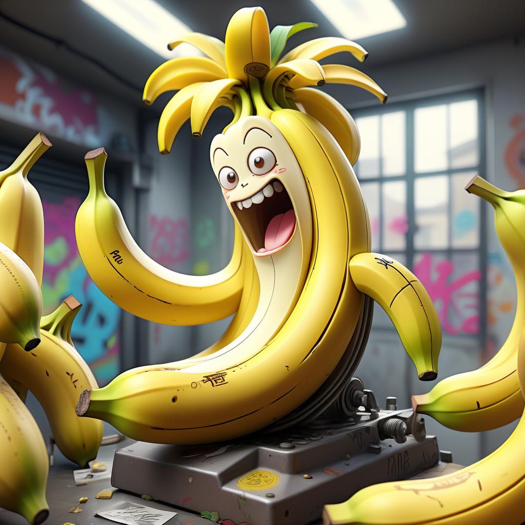  anime artwork one mechanical banana, with graffiti painted on it, a picture on a banana, live, reasonable, artistic photo, beautiful, 4k, hdr, many small details, empty background, transparent background, ultra clarity, most realistic. . anime style, key visual, vibrant, studio anime, highly detailed