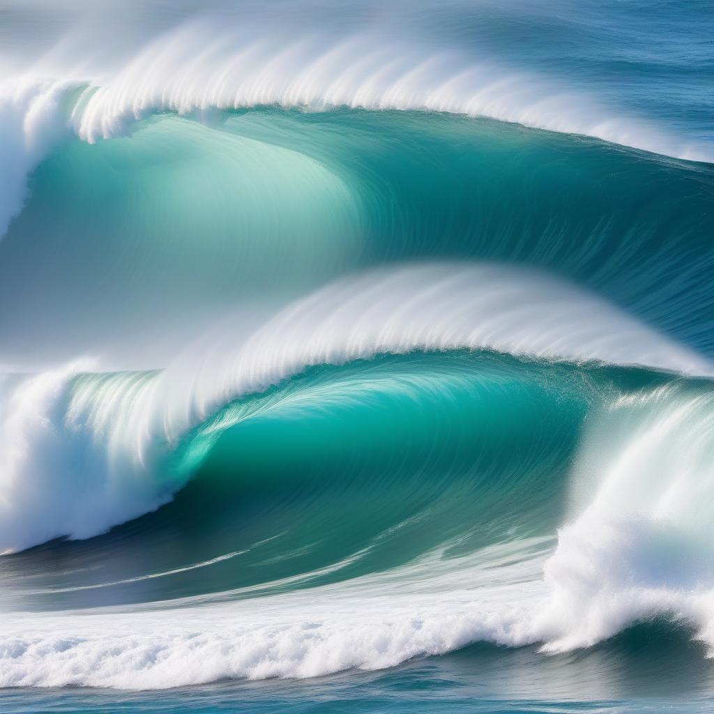  In the middle of the ocean, a large blue wave with splashes pushes a raft in front of it, in the form of a green leaf