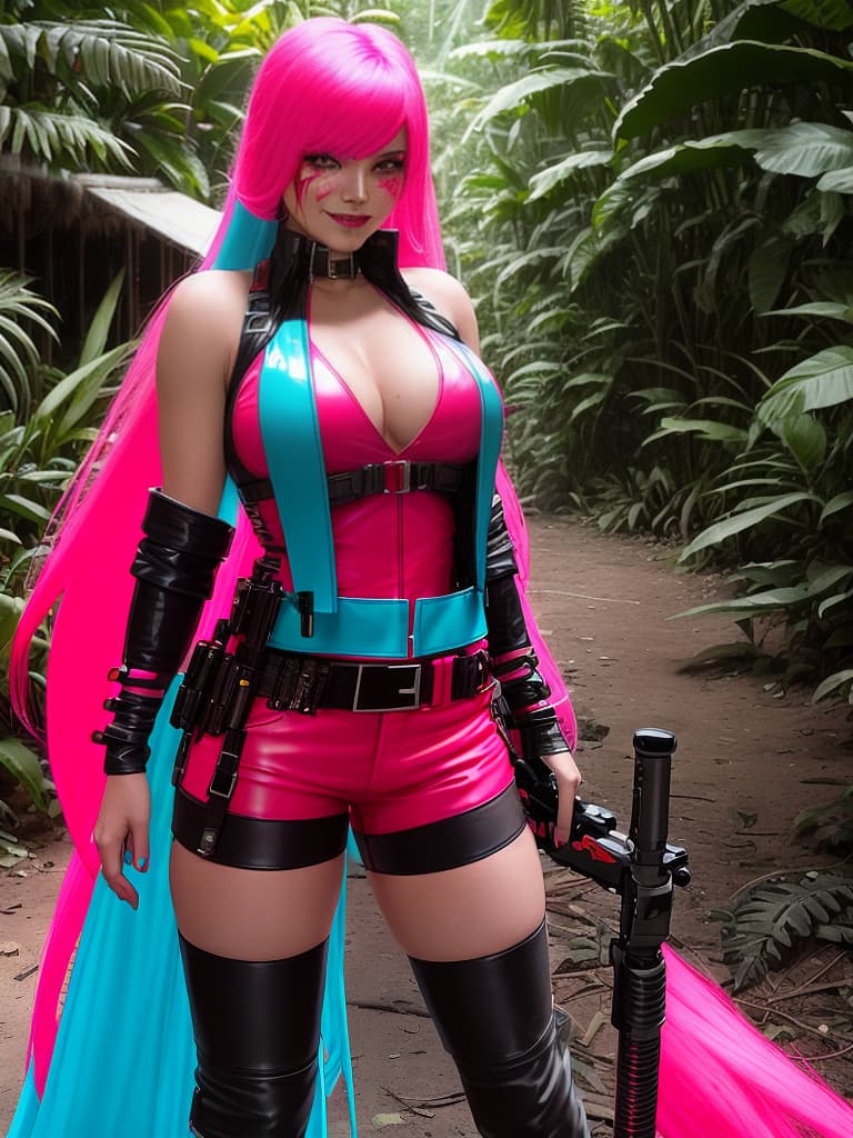  Futuristic female bounty hunter, red flowing, long hair, dressed in skin tight shorts and a sleeveless, leather flack vest; standing in a Columbian jungle outside a large villa...realistic neon pink and bright neon blue, with lots of blood dripping off face, grinning.