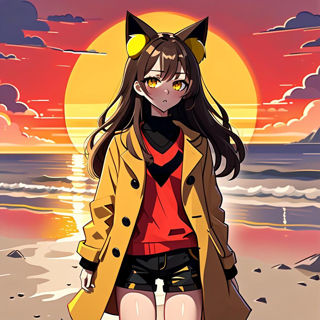  constructivist style an anime girl with cat ears stands on the beach. she has long dark brown hair, which flies slightly in the breeze. her face, with pronounced jewish and slavic features, radiates lively energy. brown eyes are full of deep emotions, as if reflecting the vast expanses of the ocean. he wears a bright yellow coat that seems to shine, catching the eye and contrasting with the soft shades of the sunset. under her coat she wears a black shirt and black shorts are decorated with yellow elements, creating a stylish and dynamic look. a bright red sunset turns into night, and the bright red rays of the sun fall on the terrain and contrast with the night darkness. . geometric shapes, bold colors, dynamic composition, propaganda art 