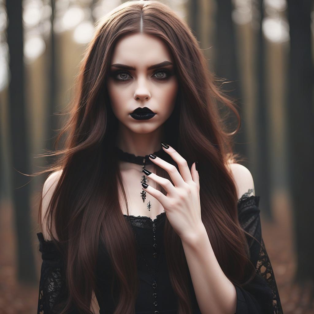  cinematic photo girl, gothic, long brown hair, long black sharp nails . 35mm photograph, film, bokeh, professional, 4k, highly detailed