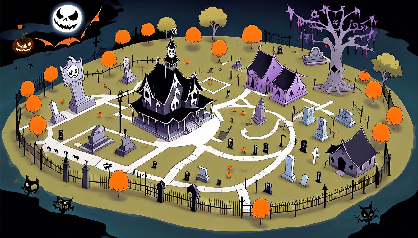  map of the area in the style of halloween anime soul eater on which there is a cemetery surrounded by a fence, a creepy house and a circus tent