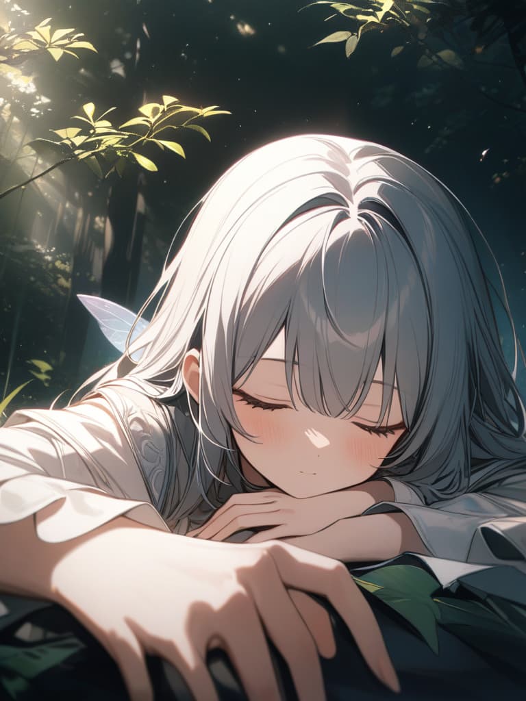  a small girl is sleeping on the forest, on the hand, a girl, fairy, wings, and palms, masterpiece, best quality,8k,ultra detailed,high resolution,an extremely delicate and beautiful,hyper detail