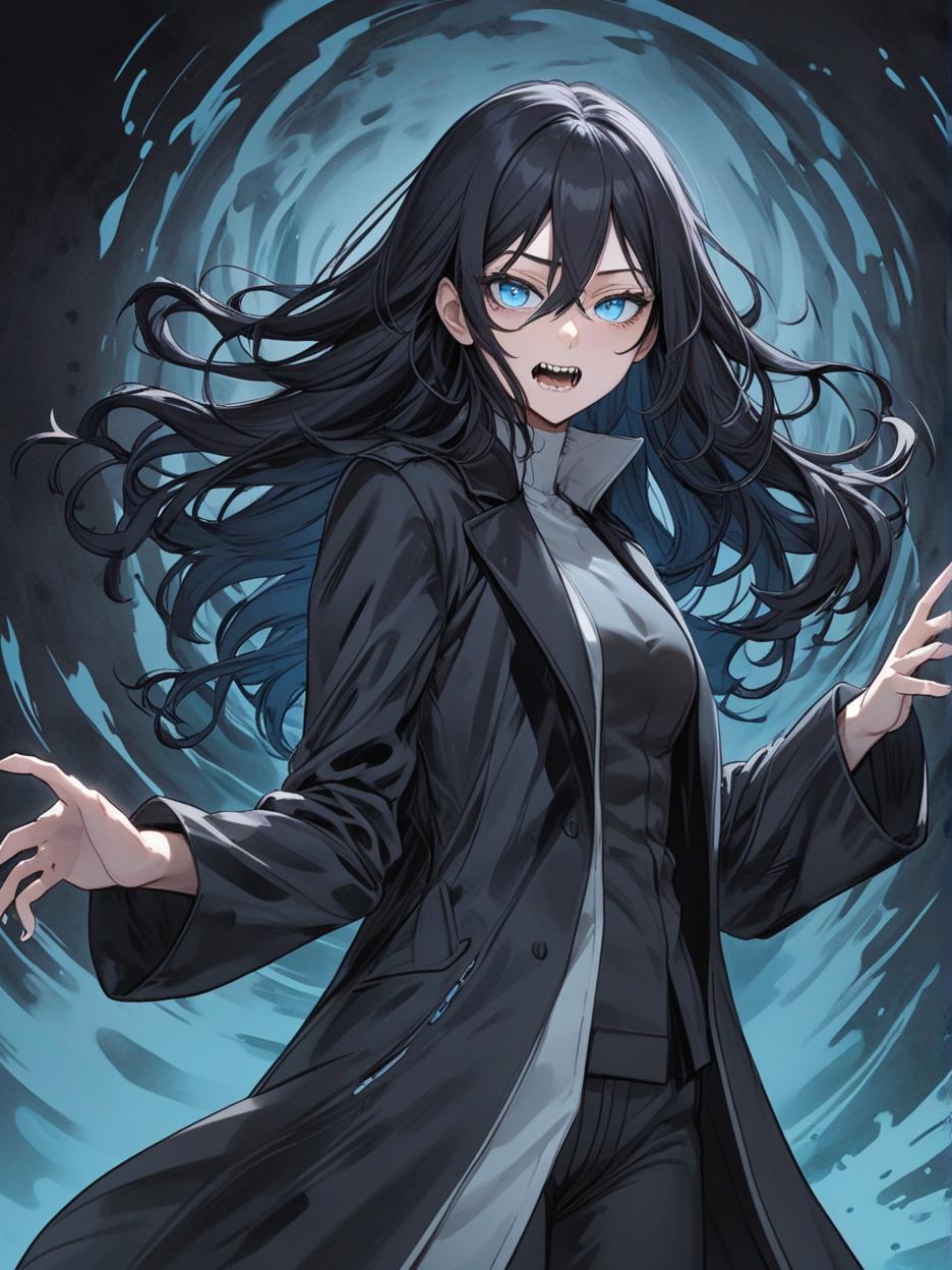  manga artwork a woman with sharp teeth. light blue eyes. it has long black hair that flows freely, giving it a mysterious and imposing air. he wears a long black coat with wavy edges, which appear to be in constant motion, adding a sense of dynamism to his appearance. the coat is open at the front, revealing a fitted black outfit underneath, which highlights her slender and athletic figure. her pose is confident and slightly dynamic, with one hand extended outwards, as if reaching for something or making a meaningful gesture. the background is a solid black, with an aura like circle framing the character's head, enhancing his silhouette and giving him an almost otherworldly look. hyper realistic atmospheres, detail, 8k. manga artist. manga