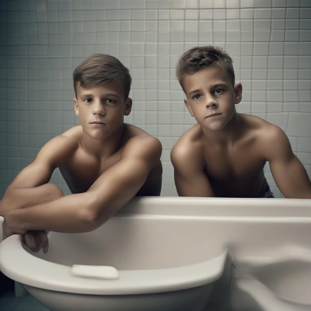  cinematic film still two gymnast sports boys 15, in the toilet, without a t shirt . shallow depth of field, vignette, highly detailed, high budget, bokeh, cinemascope, moody, epic, gorgeous, film grain, grainy