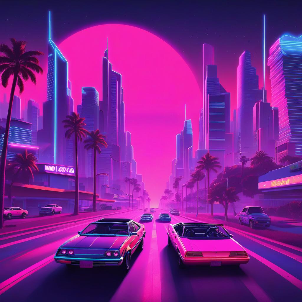  album cover for synthwave music with cars and midnight city