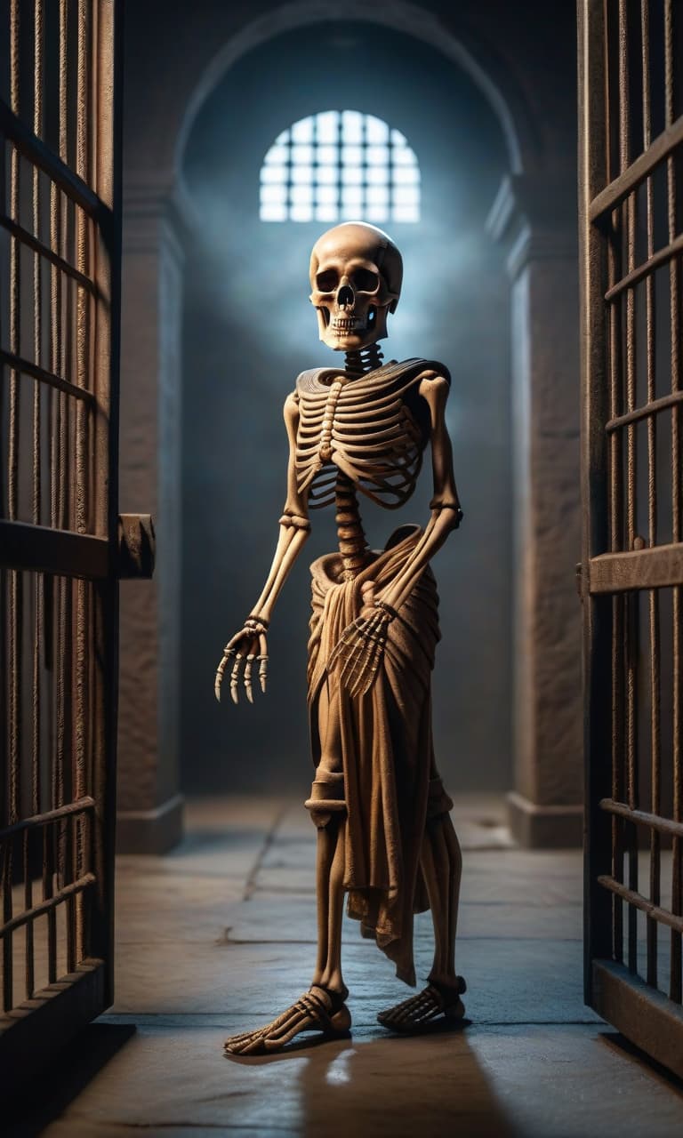  horror themed little boy went to prison, with ancient egyptians and skeletons . eerie, unsettling, dark, spooky, suspenseful, grim, highly detailed hyperrealistic, full body, detailed clothing, highly detailed, cinematic lighting, stunningly beautiful, intricate, sharp focus, f/1. 8, 85mm, (centered image composition), (professionally color graded), ((bright soft diffused light)), volumetric fog, trending on instagram, trending on tumblr, HDR 4K, 8K