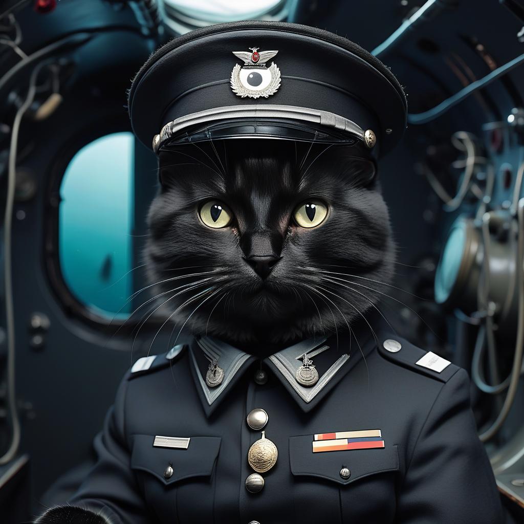  fuzzy black cat in the style of a german officer from the second world war, in a submarine