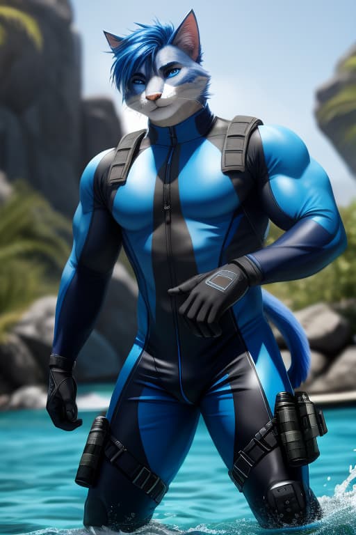  Cat anthro, Male, Big muscles, Royal Blue fur, Royal Blue hair, neon Blue eyes, Skintight neoprene suit, water, tactical gear, diving gear, rifle, open eyes, digital art, masterpiece, 4k, fine details,