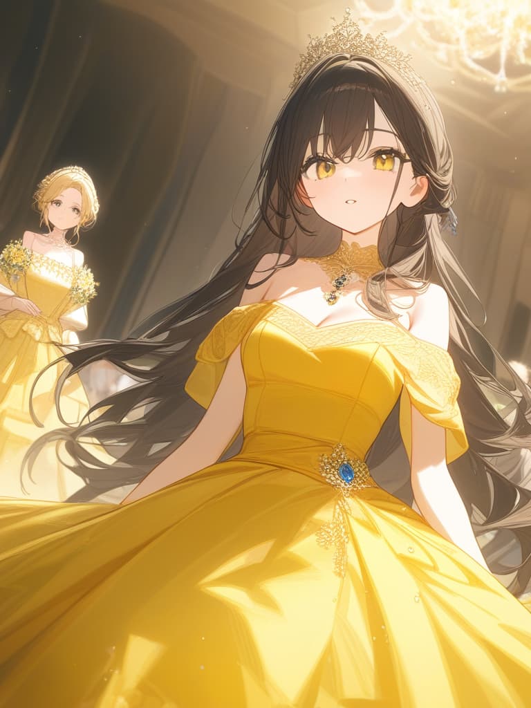  cute girls, jewels, beautiful, long hair, no bangs, beautiful dresses, beautiful dresses, royal, princess, british royal family, dignified, deep haired dresses, crowns, gorgeous eyes, yellow dresses, yellow dresses, masterpiece, best quality,8k,ultra detailed,high resolution,an extremely delicate and beautiful,hyper detail