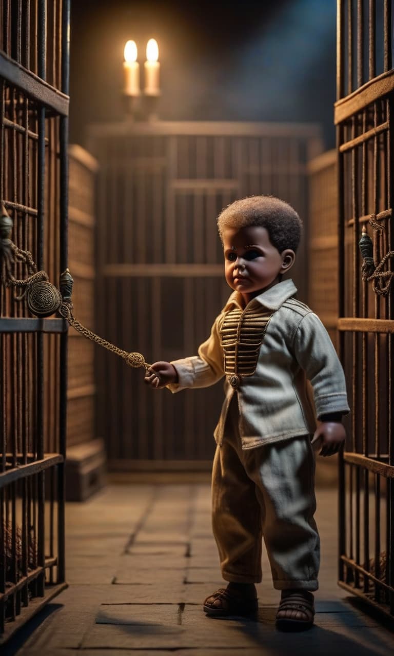  horror themed a little boy plays with a doll, with ancient egyptians and prison bars . eerie, unsettling, dark, spooky, suspenseful, grim, highly detailed hyperrealistic, full body, detailed clothing, highly detailed, cinematic lighting, stunningly beautiful, intricate, sharp focus, f/1. 8, 85mm, (centered image composition), (professionally color graded), ((bright soft diffused light)), volumetric fog, trending on instagram, trending on tumblr, HDR 4K, 8K