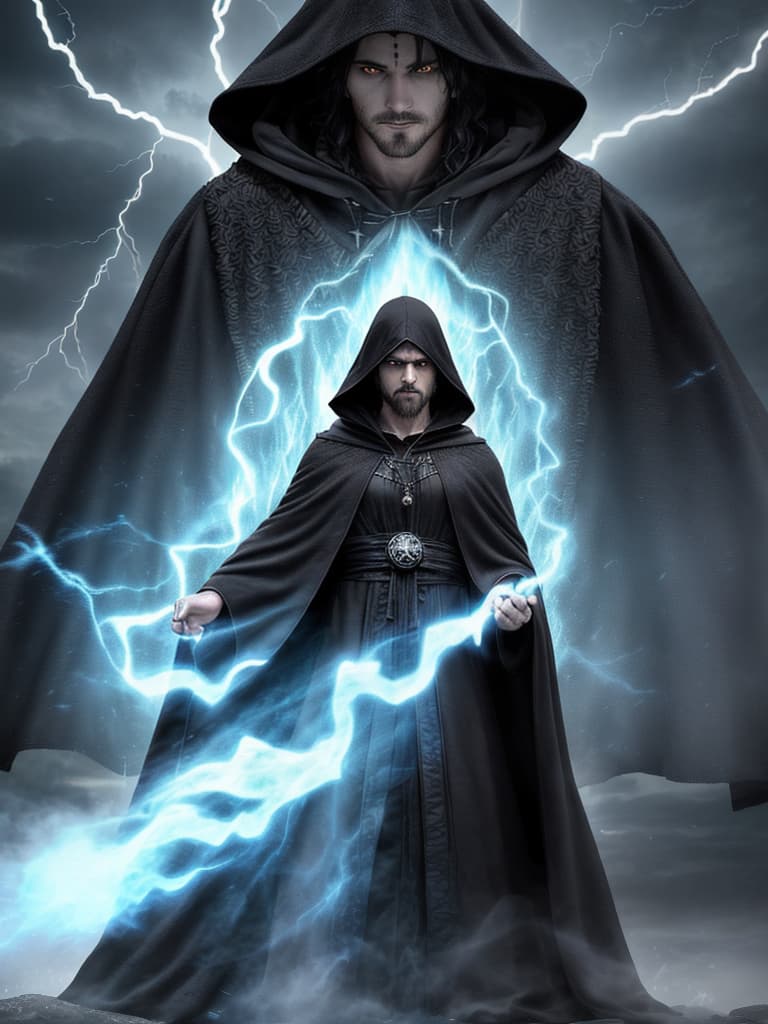  Pagan warlock, facing viewer, wearing a hooded cloak, his face hardened, eyes cold, a scar runs down the left side of his face; standing at an alter, conjuring a fire elemental from within Stonehenge during a thunder and lightning storm