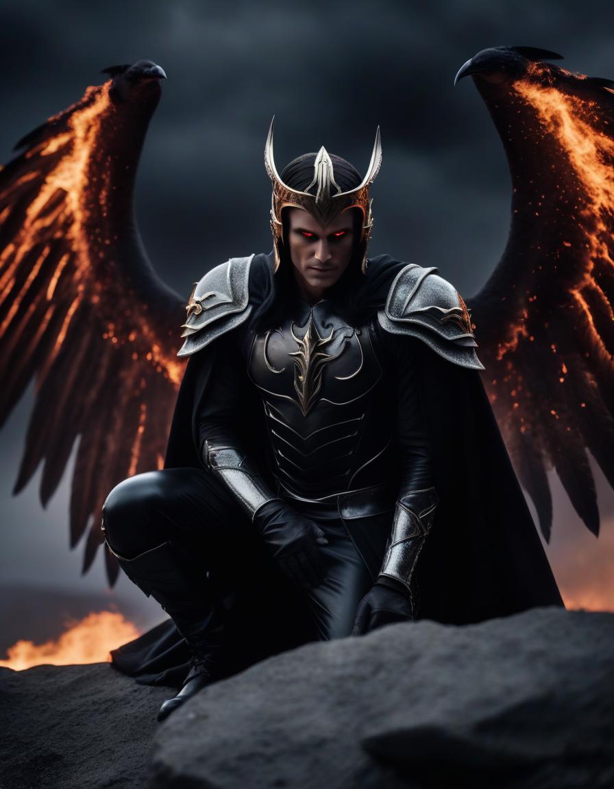  cinematic film still kneeling lucifer, with burnt wings, with white skin, in black armor, in a black crown, with black obsidian eyes, looks up, fiery tears flow from his eyes, stands on a rock, in the middle of a gray wasteland, looks into the fiery sky, without horns. . shallow depth of field, vignette, highly detailed, high budget, bokeh, cinemascope, moody, epic, gorgeous, film grain, grainy