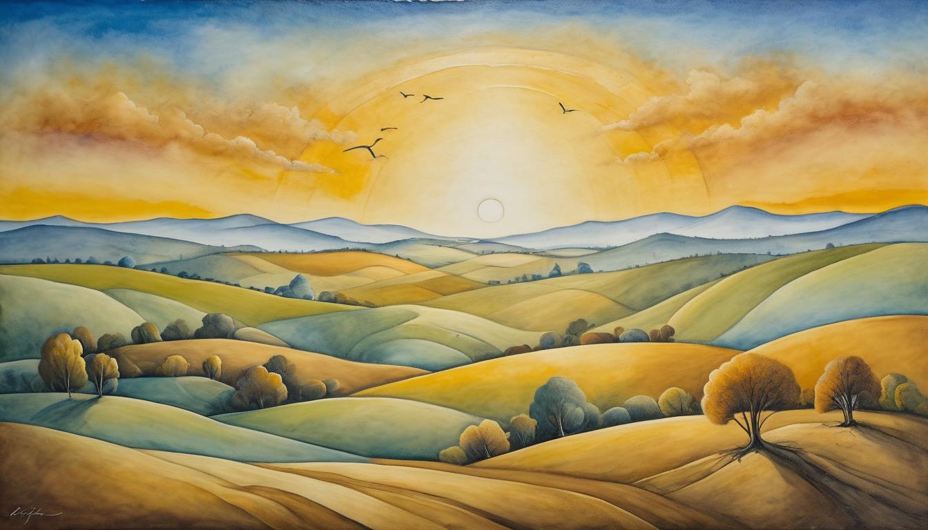  on parchment, surrealism++, serene landscape with a radiant sunrise, rolling hills, golden hues, sense of hope and new beginnings, tranquil and uplifting(mysterious, provocative, symbolic)++