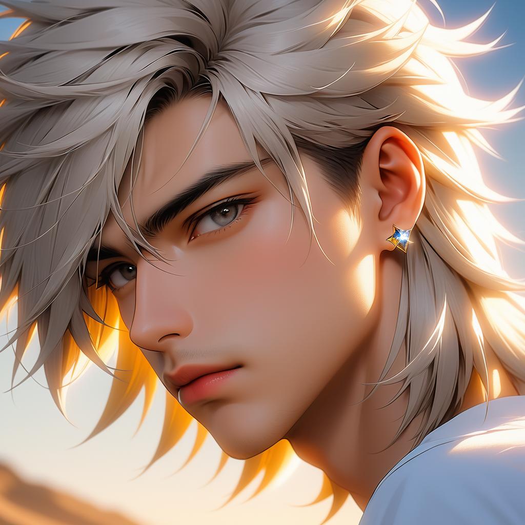  , (masterpiece, top quality, best quality, official art, beautiful and aesthetic:1.2), (fractal art: 1.3), anime art very beautiful asian male straight hair, white shoulder length hair, pale skin. grey eyes. eyebags. long dark lashes. diamond shaped face. sharp jawline. thin lips. low soft angled eyebrows. greek nose. tongue piercing. industrial piercing. lobe piercing. low set cheekbones. helix piercing. looking up to the sky, medium shot, golden hour college boy. college background, award winning, professional, highly detailed, masterpiece