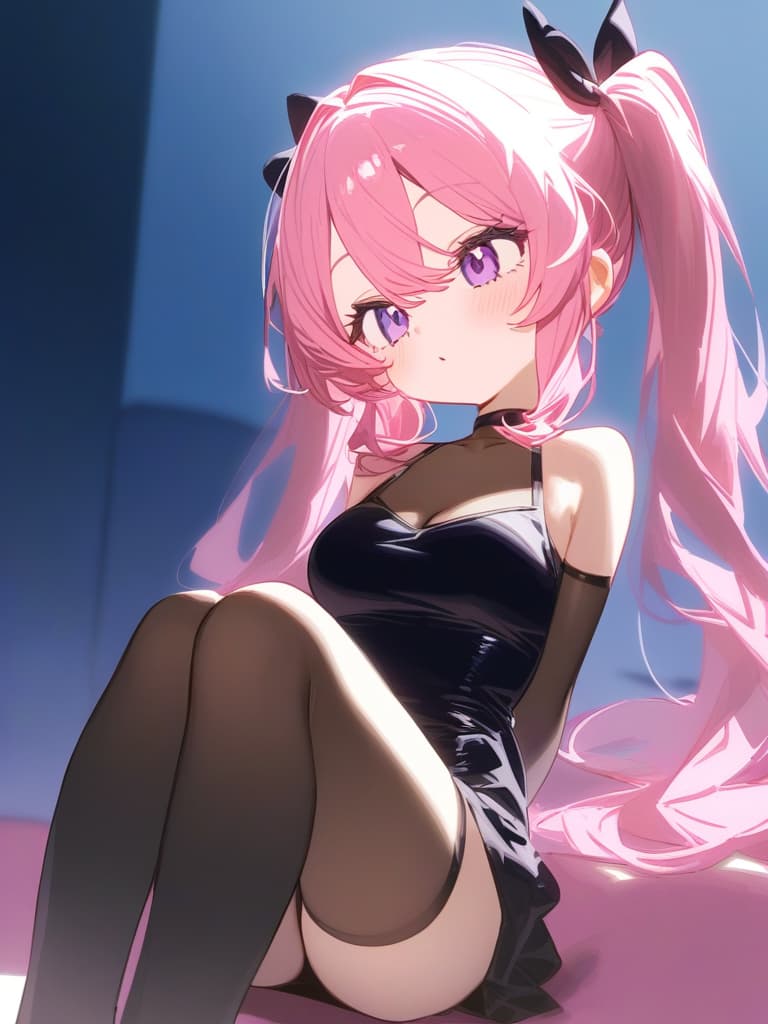  purpleeyes,girl,cute,pinkhair,twintail,wholebody,blackonepiece