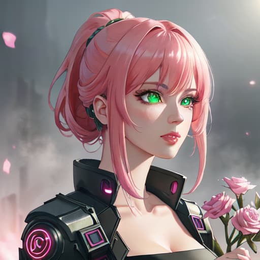  portrait of cyberpunk girl with pink hair and green eyes holding flowers photo, professional movie, professional picture, ultra detailed, ultra realistic, cinematic, sharp focus hyperrealistic, full body, detailed clothing, highly detailed, cinematic lighting, stunningly beautiful, intricate, sharp focus, f/1. 8, 85mm, (centered image composition), (professionally color graded), ((bright soft diffused light)), volumetric fog, trending on instagram, trending on tumblr, HDR 4K, 8K