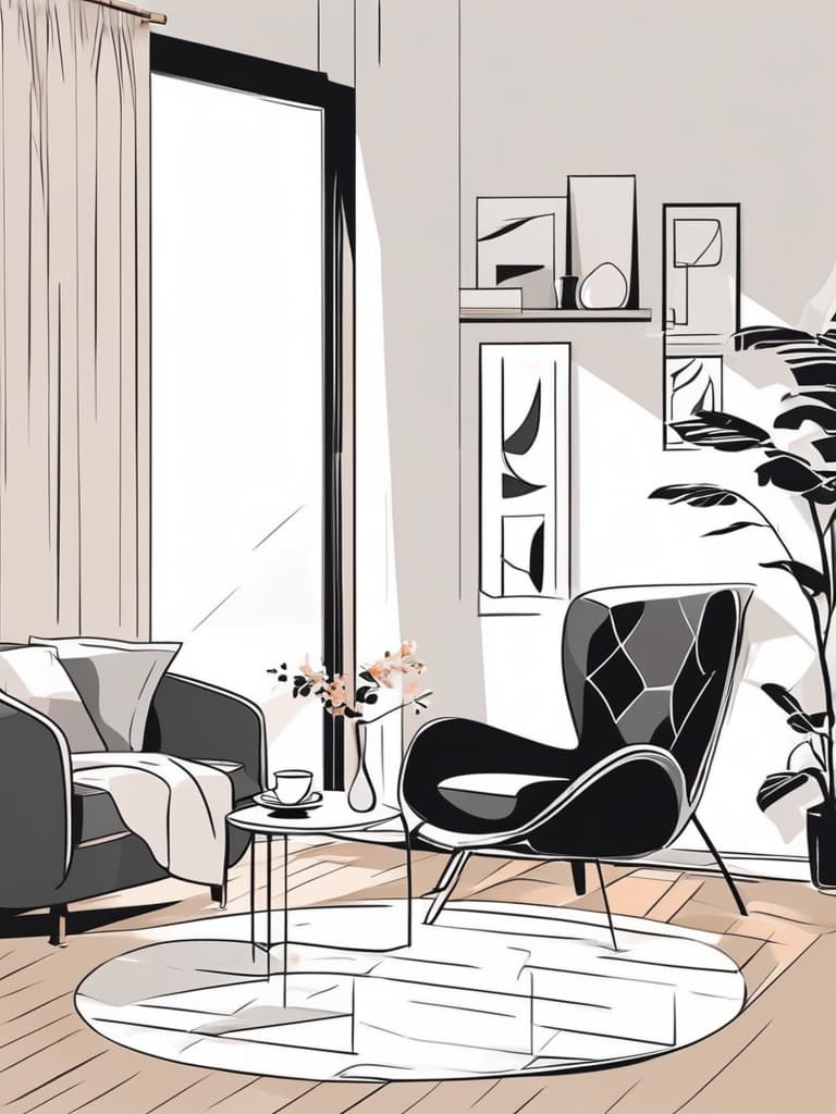  line art drawing in the broad and bright living room, a small round table with fine tea and a few seductive snacks, accompanied by a comfortable armchair, is waiting for a free afternoon tea time。. professional, sleek, modern, minimalist, graphic, line art, vector graphics