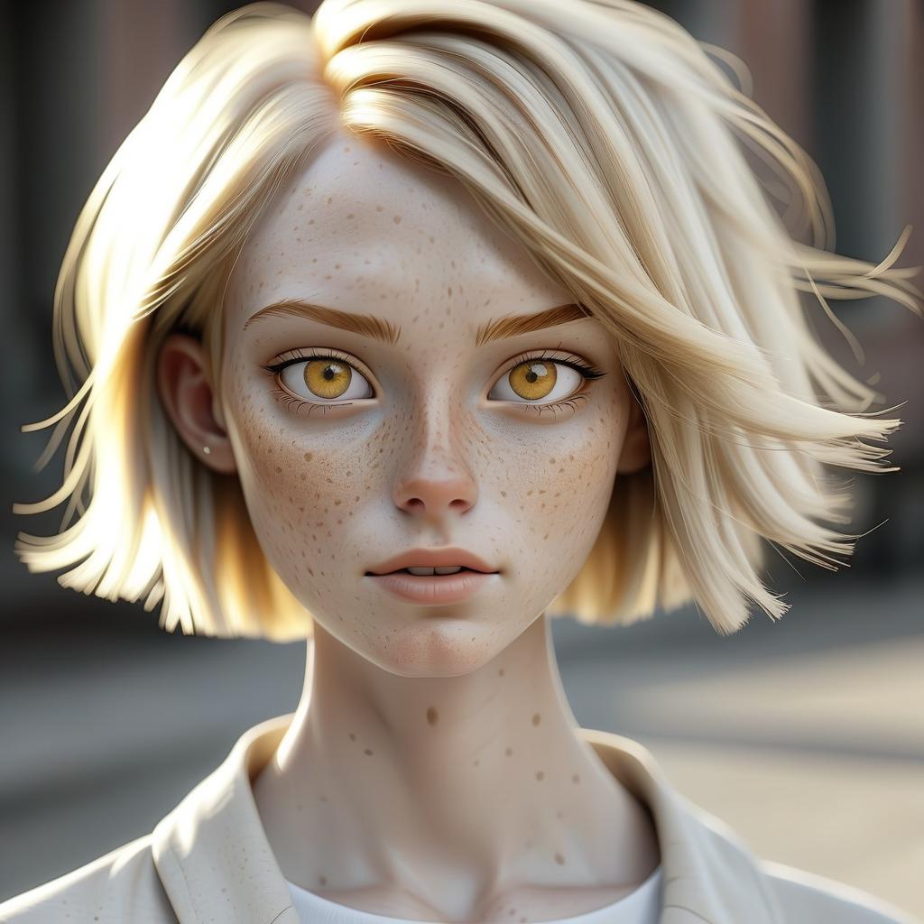  girl with short straight hair, hair blonde, hair glow, bright golden eyes, pale skin, freckles