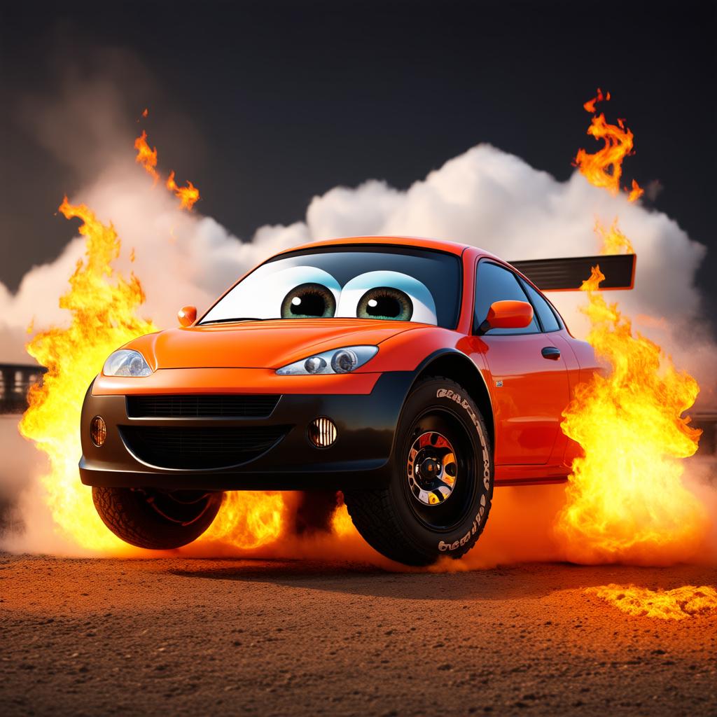  big head, big eyes, caricature, a caricature, rendering, (figurativism:0.8), a drifting car with fire coming from under the wheels and tires, epic realistic, pixar style, disney, (cycles render:1.3), caustics, (glossy:0.58), (artstation:0.2), cute