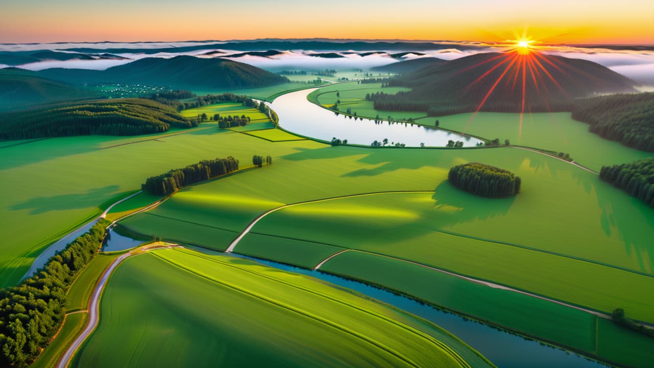  a breathtaking aerial landscape showcasing vibrant green fields, winding rivers, and a picturesque sunset. in the foreground, a sleek drone hovers, capturing the stunning scenery, with soft, colorful clouds reflecting golden light. hyperrealistic, full body, detailed clothing, highly detailed, cinematic lighting, stunningly beautiful, intricate, sharp focus, f/1. 8, 85mm, (centered image composition), (professionally color graded), ((bright soft diffused light)), volumetric fog, trending on instagram, trending on tumblr, HDR 4K, 8K