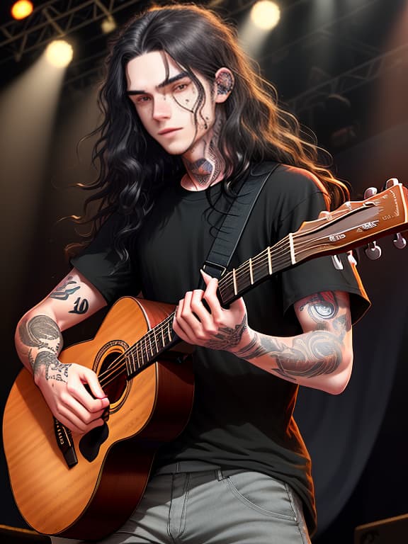  young man, long wavy black hair, lots of freckles, lots of tattoos on forehands, wears black baggy shirt, sleeves rolled up, plays guitar, concert background