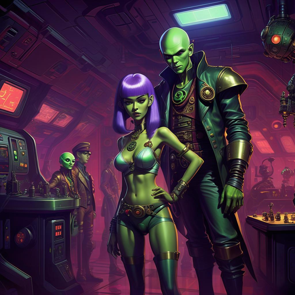  retro game art a group of space pirates, a young alien of thai appearance, 20 year, purple skin, large size elastic , elegant thin waist, long slender legs, green hair. man, 40 year, small, fat, bald, black. next to the droid and minotaur. full length image, steampunk, dieselpunk, paropunk, standing in a space tavern, against a background of red light. . 16 bit, vint colors, pixelated, nostalgic, charming, fun