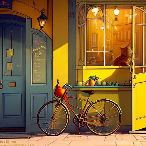  sunny city, evening, window with the inscription of a cafe, at the window there is a beautiful bicycle, next to the yellow door, behind the window on the stool sits a shaggy red cat