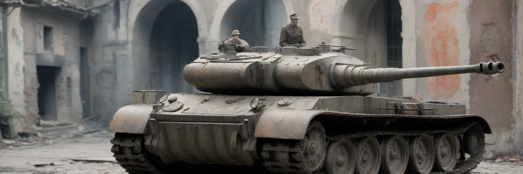  cinematic photo generate a german tiger 1 tank as similar as world war ii on a ruined street. make it even more like a tank from that historical period. paint it gray. the muzzle compensator on the barrel should have only one hole, not two. let a monkey sit on the roof of the tank . 35mm photograph, film, bokeh, professional, 4k, highly detailed