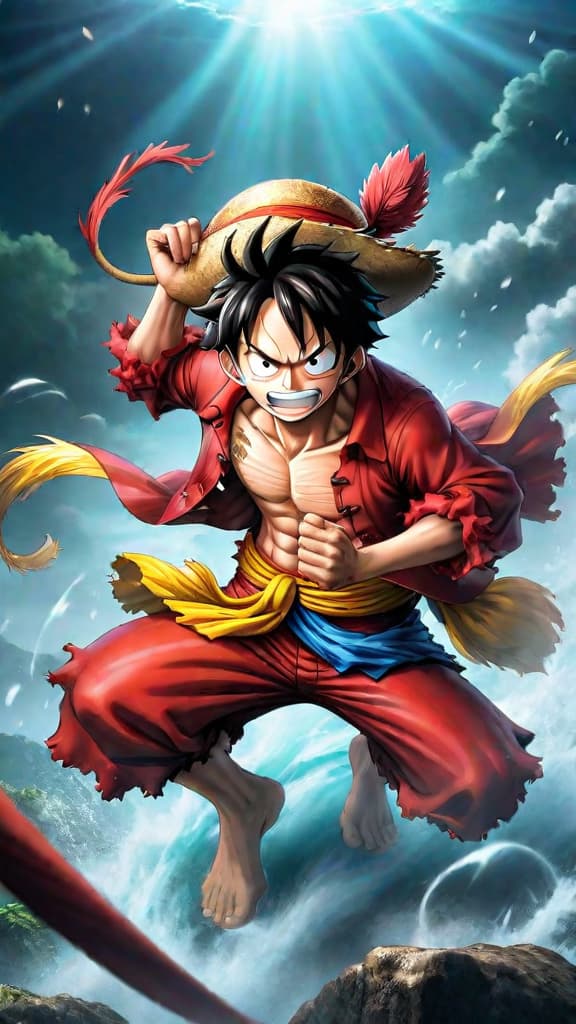  monkey d. luffy from one piece with unyielding spirit to become pirate king, inspiring his crew, anime art hyperrealistic, full body, detailed clothing, highly detailed, cinematic lighting, stunningly beautiful, intricate, sharp focus, f/1. 8, 85mm, (centered image composition), (professionally color graded), ((bright soft diffused light)), volumetric fog, trending on instagram, trending on tumblr, HDR 4K, 8K