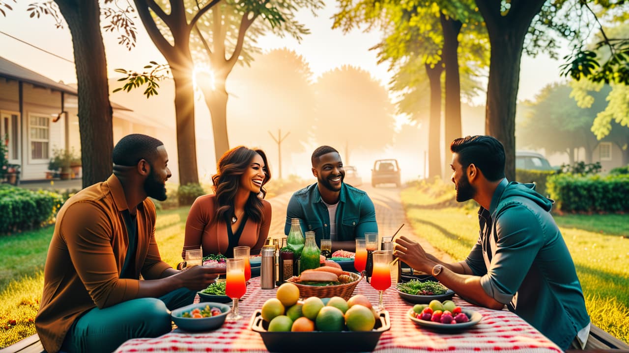  a vibrant collage of diverse stock photos: a joyful family picnic, a serene landscape, a bustling city street, a stylish workspace, and delectable food close ups, all showcasing variety and emotion in rich colors. hyperrealistic, full body, detailed clothing, highly detailed, cinematic lighting, stunningly beautiful, intricate, sharp focus, f/1. 8, 85mm, (centered image composition), (professionally color graded), ((bright soft diffused light)), volumetric fog, trending on instagram, trending on tumblr, HDR 4K, 8K