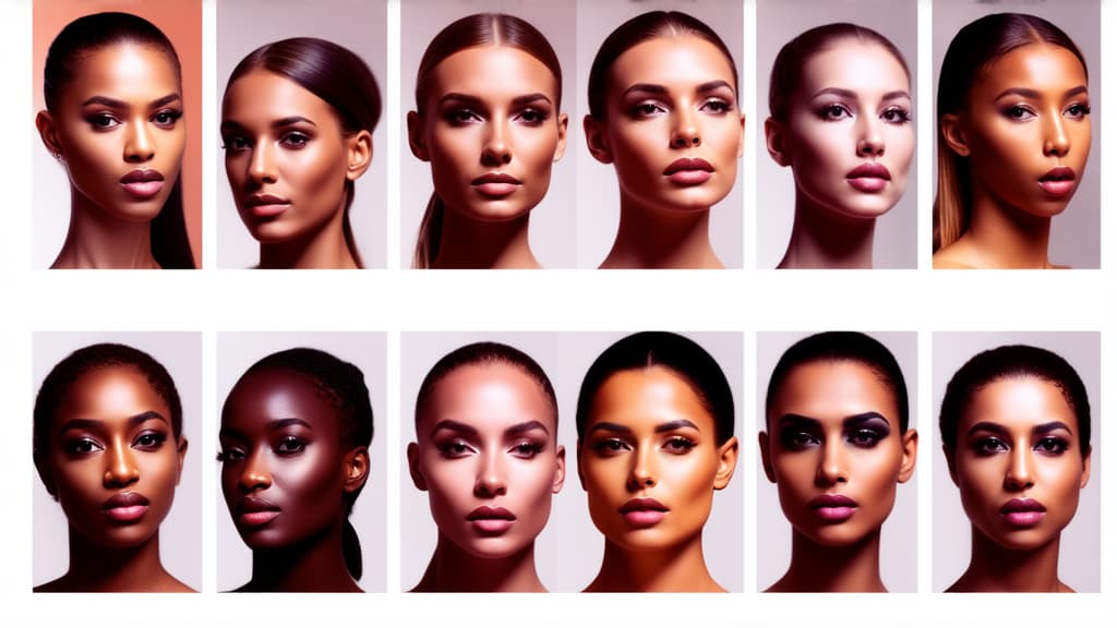  different beauty. set of different female heads on light background. different races and nationalities. ar 16:9, (natural skin texture), highly detailed face, depth of field, hyperrealism, soft light, muted colors