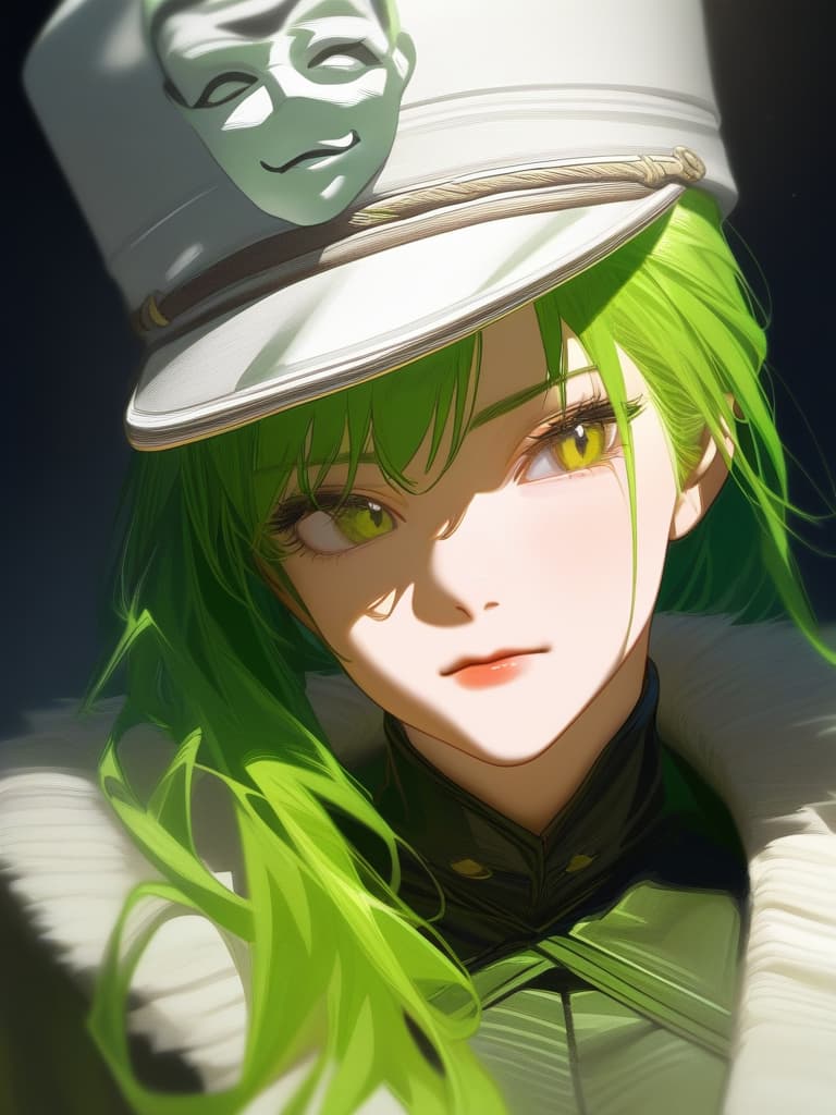  portrait view of a anime women,full white militar uniform hat,half face,joker mask,women face,photorealistic anime style,giger style,pop art tendencies,strong facial expression,(((green hair))),professional illustration,bold colors,chiaroscuro,beautiful shades,intense close ups,bright and glossy surface textures,octane render,zbrush ar 1:1 s 750