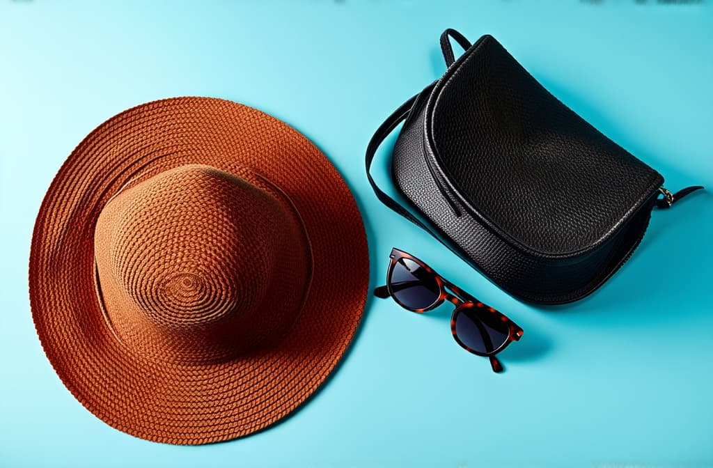  stylish hat, bag and sunglasses, top view, flatlay ar 3:2 {prompt}, maximum details