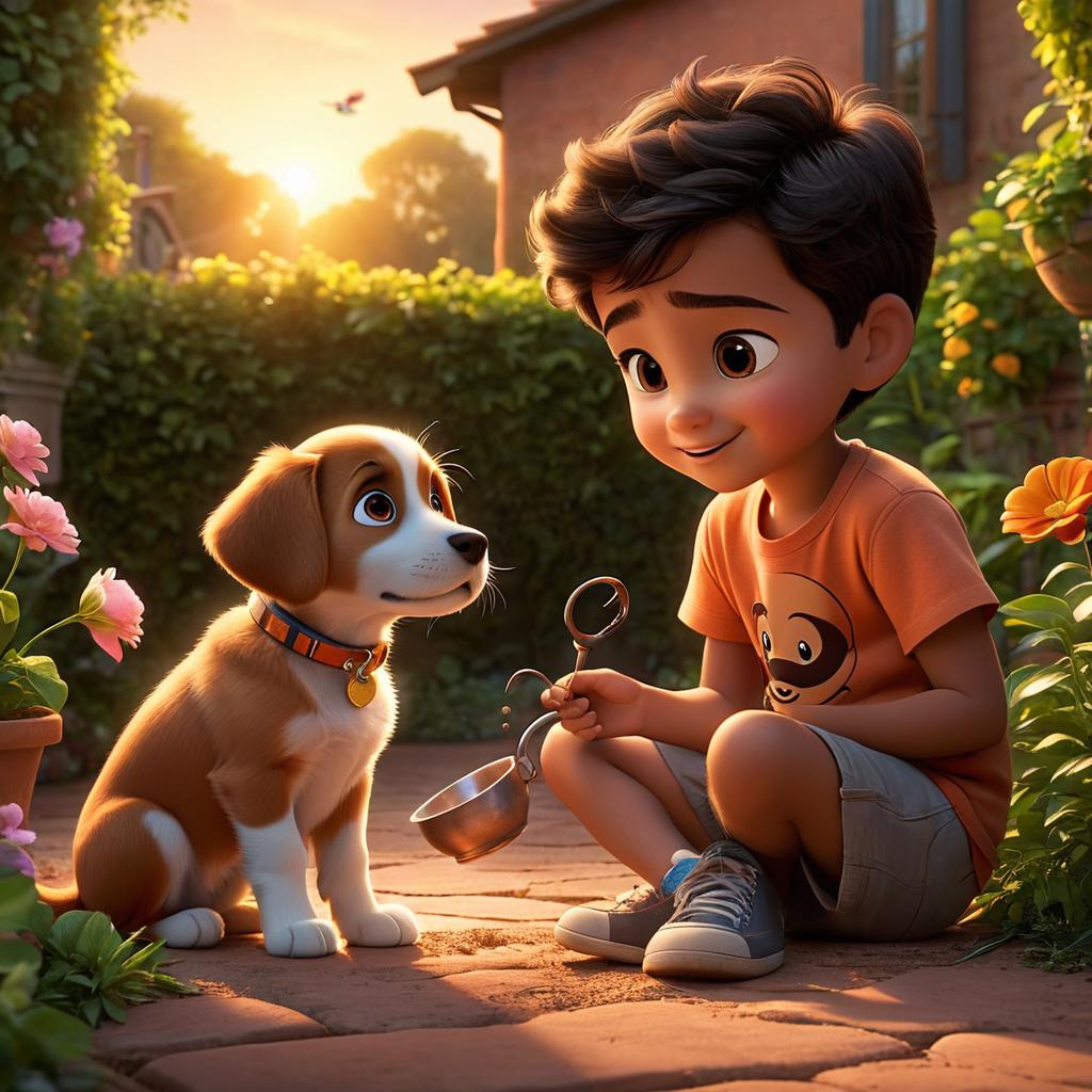  in 3d animated movie style. disney pixar style. nikhil, old with a t shirt and shorts, and puppy, a young energetic puppy with a shiny collar, picking up broken pottery in the garden. warm orange sunset glow envelops their hard work. high resolution pixar 3d animation, warm orange tones, cozy lighting. bird's eye view captures nikhil and puppy's teamwork and focus.