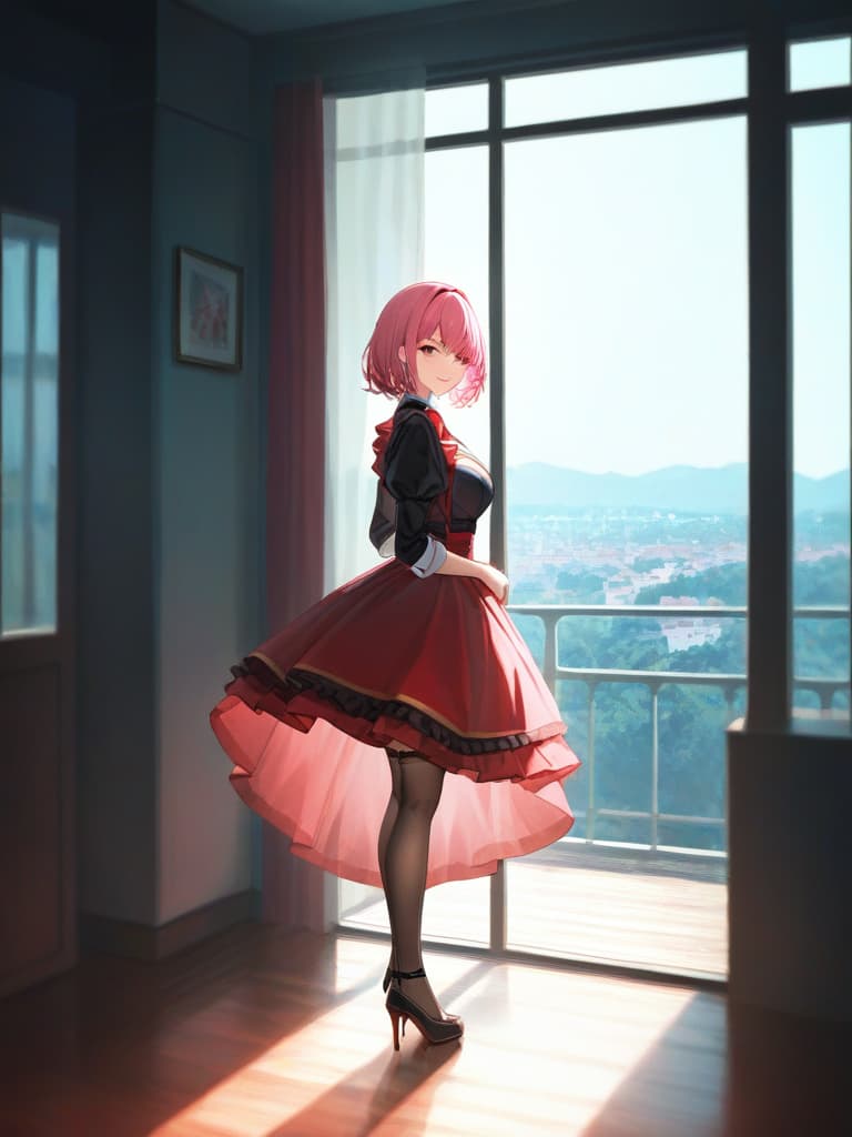  pink hair, maid clothes, skirts short, super long long hair, castle, pin heel, doll like, pink eyes, smiling, beautiful girl, garter stocking network, masterpiece, best quality,8k,ultra detailed,high resolution,an extremely delicate and beautiful,hyper detail hyperrealistic, full body, detailed clothing, highly detailed, cinematic lighting, stunningly beautiful, intricate, sharp focus, f/1. 8, 85mm, (centered image composition), (professionally color graded), ((bright soft diffused light)), volumetric fog, trending on instagram, trending on tumblr, HDR 4K, 8K