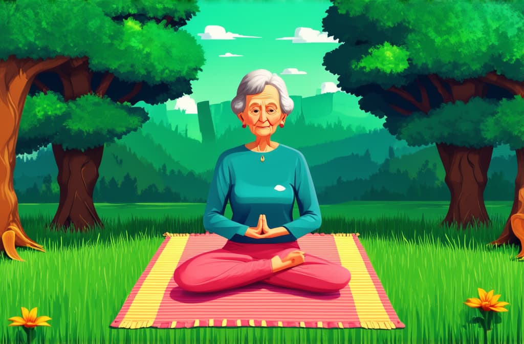  cute old lady sitting on a rug in nature and meditating. style flat illustration. view from afar ar 3:2 {prompt}, maximum details