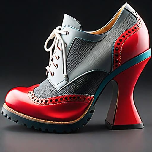  Create a photorealistic digital illustration of a unique design women’s shoe with angled balanced parts, unique soles, 8 centimetre height heel covered in soft, luxurious textured materials. The art style should blend elements of Osamu Tezuka, Vivienne Westwood and Dark Academia aesthetic hyperrealistic, full body, detailed clothing, highly detailed, cinematic lighting, stunningly beautiful, intricate, sharp focus, f/1. 8, 85mm, (centered image composition), (professionally color graded), ((bright soft diffused light)), volumetric fog, trending on instagram, trending on tumblr, HDR 4K, 8K