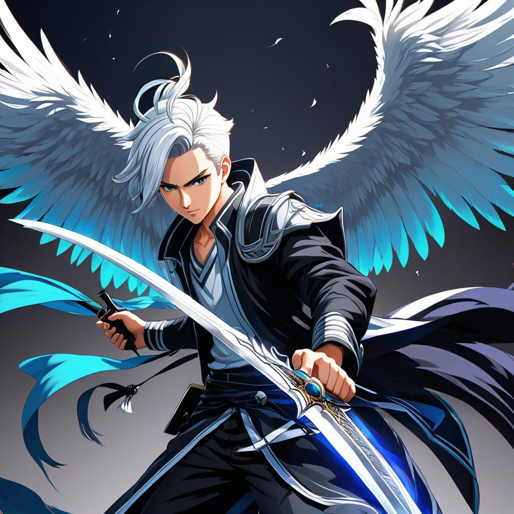  young man with black and white hair and a curved blade, with one good and one evil wing coming out of his back, anime artwork, anime style, key visual, vibrant, studio anime, highly detailed