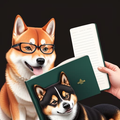  meme shiba inu, wearing glasses, holding a black book, black background