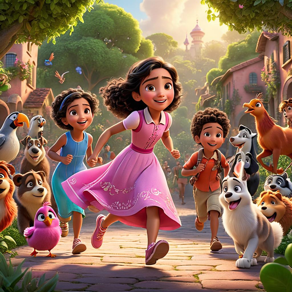  in 3d animated movie style. disney pixar style. fatima, old inquisitive and kind hearted girl, pink dress, running with energetic and friends, 4 , colorful attire. accompanied by talking animals, helpful and wise, lush greenery background filled with giggles. high resolution pixar 3d animated film style, vint and cheerful colors, soft warm lighting. dynamic bird's eye view captures the lively, moment.